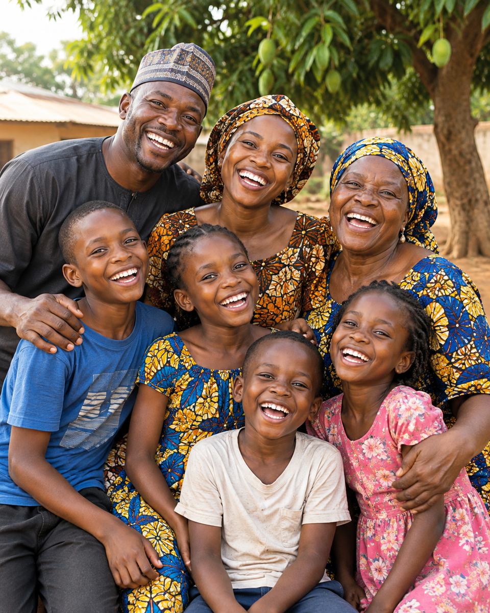 Joyful Nigerian children and neighbours laughing together in their community