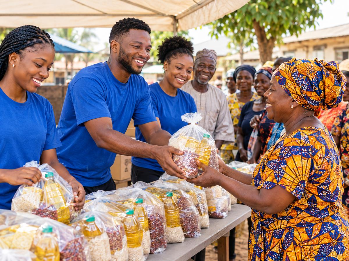 Nigerian volunteers handing out food parcels to smiling neighbours