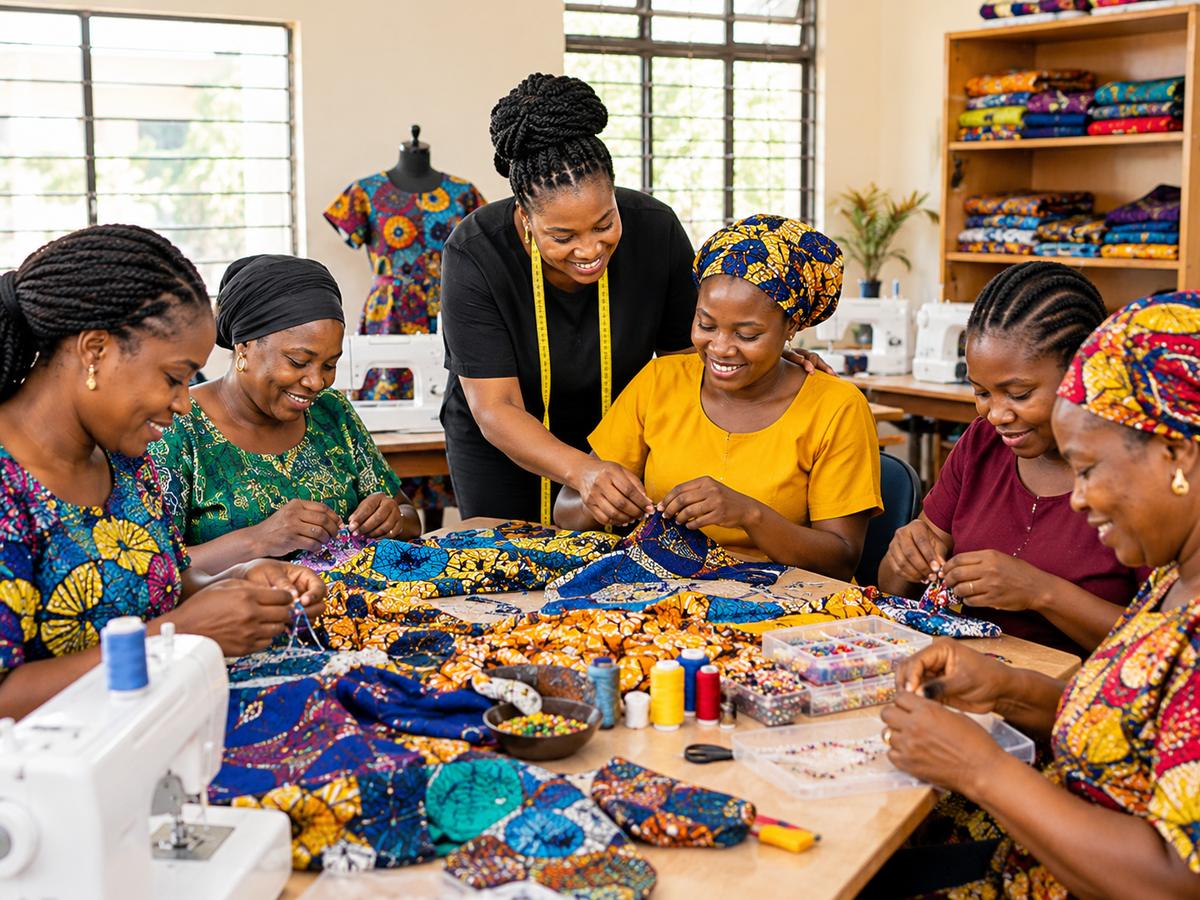 Nigerian women learning a craft together in a skills training session